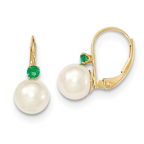 14k 7-7.5 mm Pearl & .09ct. Emerald Leverback Earrings 14k 7-7.5 mm Pearl & .09ct. Emerald Leverback Earrings
